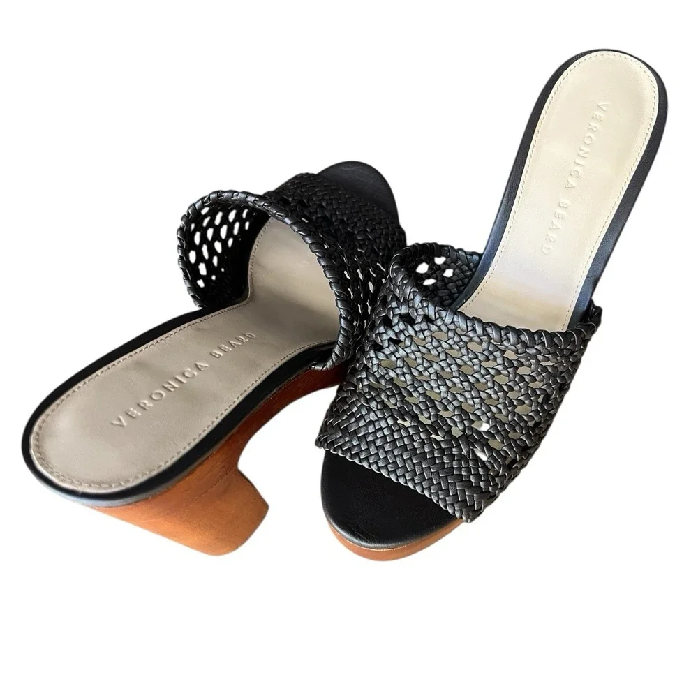 Veronica Beard Guadalupe Woven Platform Mule Heels Wood‎ Chunky Resort 8.5